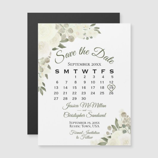 Ivory White Roses Save the Date Calendar Magnet (Vorne/Hinten)