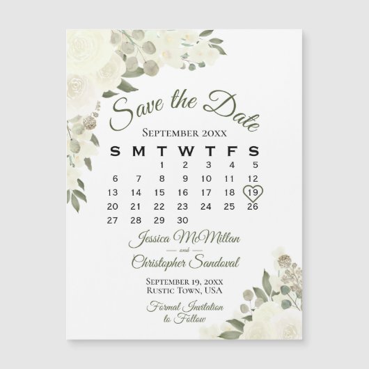 Ivory White Roses Save the Date Calendar Magnet (Vorderseite)