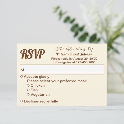 Ivory With Brown Text Wedding RSVP (Stehend Vorderseite)