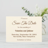 Ivory With Brown Text Wedding Save The Date (Stehend Vorderseite)