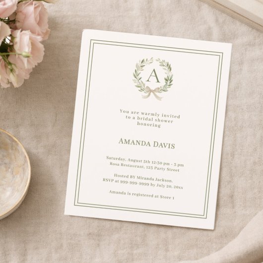 Ivory wreath monogrammed Bridal Shower invitation