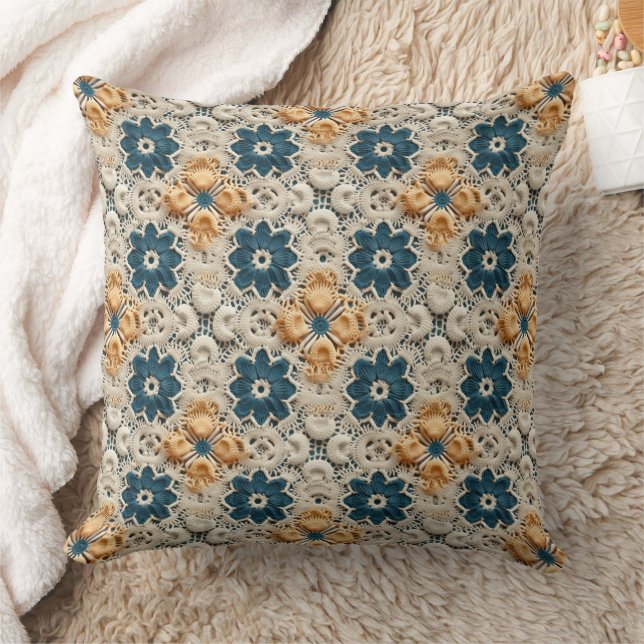 Ivory Yellow and Blue Faux Crochet Kissen (Decke)