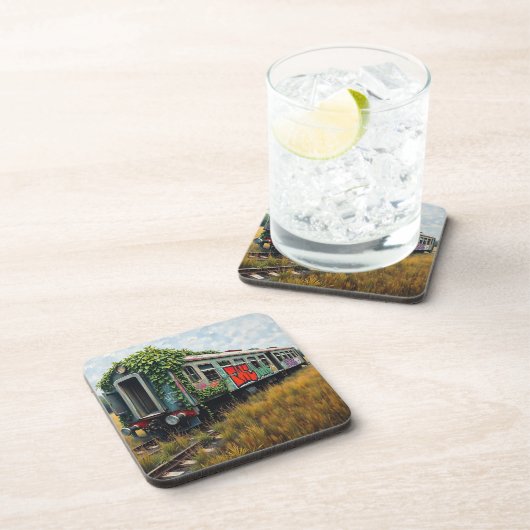 Ivy and Graffiti  Covered Abandoned Train  Getränkeuntersetzer (Rechte Seite)