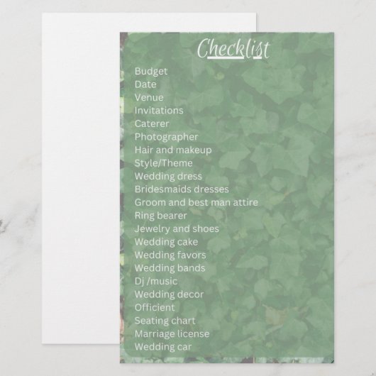 Ivy Hochzeit Checkliste Briefpapier (Vorne/Hinten)