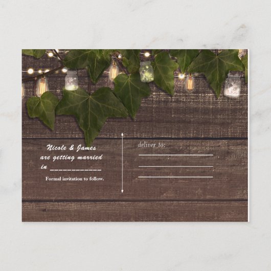 Ivy & String Lights Mason Jar Rustikal Save the Da Ankündigungspostkarte (Rückseite)