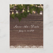 Ivy & String Lights Mason Jar Rustikal Save the Da Ankündigungspostkarte (Vorderseite)