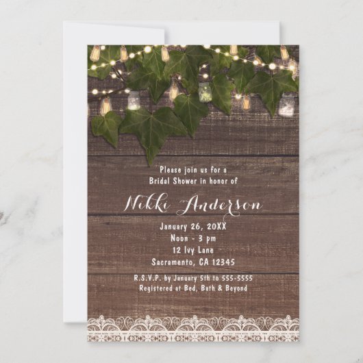 Ivy & String Lights Mason Jar Rustikale Einladunge Einladung (Vorderseite)