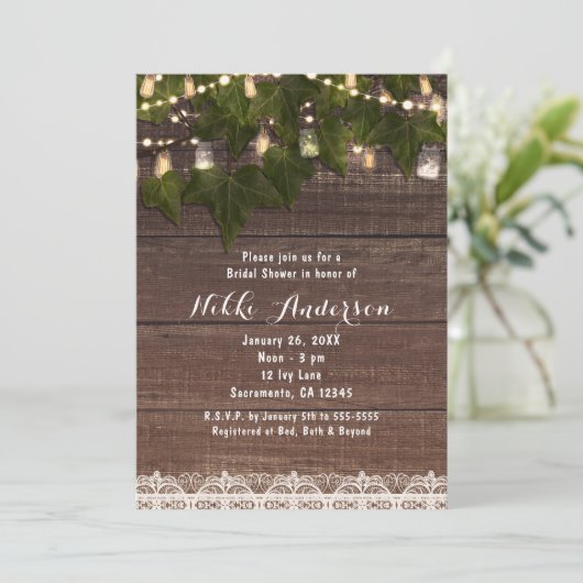 Ivy & String Lights Mason Jar Rustikale Einladunge Einladung (Stehend Vorderseite)