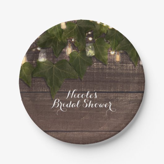 Ivy & String Lights Mason Jar Rustikaler Empfang Pappteller (Vorderseite)