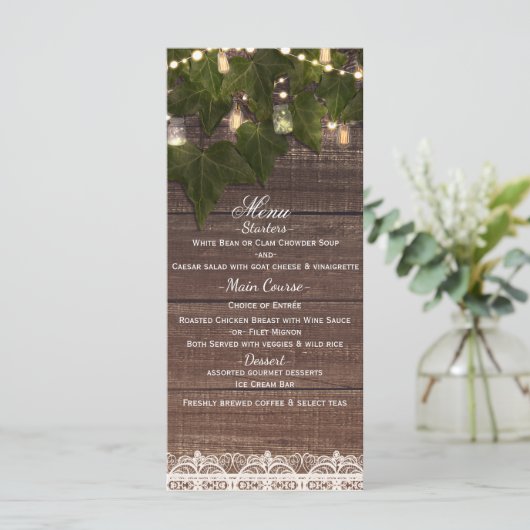 Ivy & String Lights Mason Jar Rustikales Party Men Menükarte (Stehend Vorderseite)