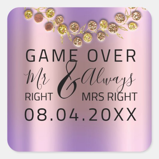 ìWedding Mr Right Mrs Right Game Over Wreath Quadratischer Aufkleber (Vorderseite)