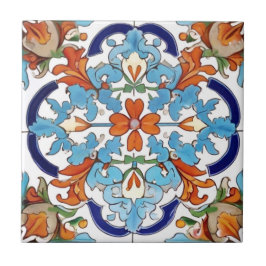 Iznik Turkish Floral Orange Red Blue Blume Fliese