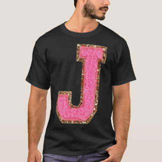 J - Bubblegum Glitzer Varsity Letter Patches Stick T-Shirt