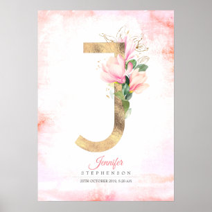J Buchstabe Monogramm Gold Blätter Rosa Magnolie F Poster