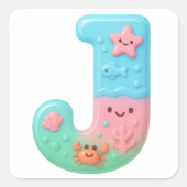 "J" Cute Letter - Underwater Sea Creature Quadratischer Aufkleber (Vorderseite)