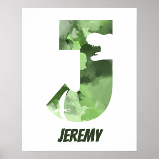 "J" Dinosaurier Watercolor Green Child's Name Post Poster