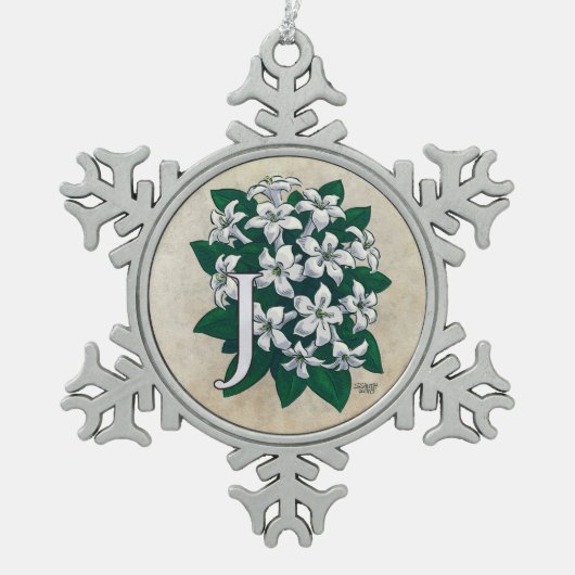 J für Jasmin-Blumen-Monogramm Schneeflocken Zinn-Ornament (Vorderseite)