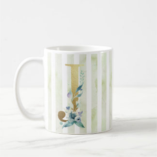 J, Golden Initial, auf blau-weiß Streifen Kaffeetasse