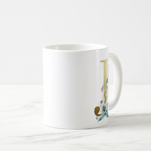 J Golden Initial mit blauem Blumenblättern Kaffeetasse (VorderseiteRechts)