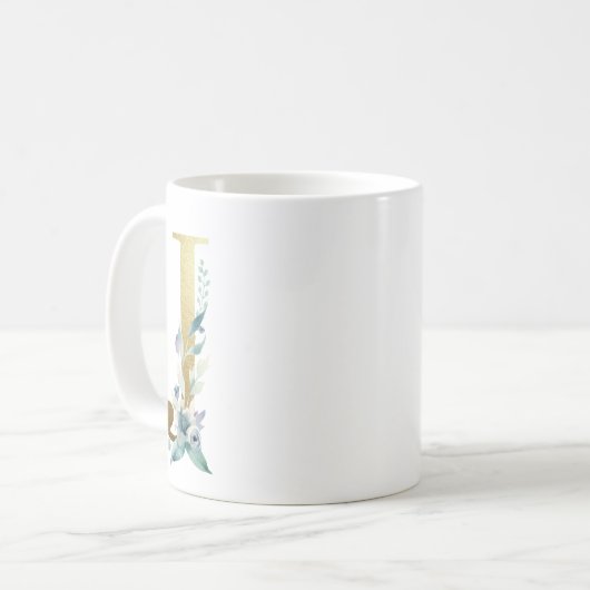 J Golden Initial mit blauem Blumenblättern Kaffeetasse (Vorderseite Links)