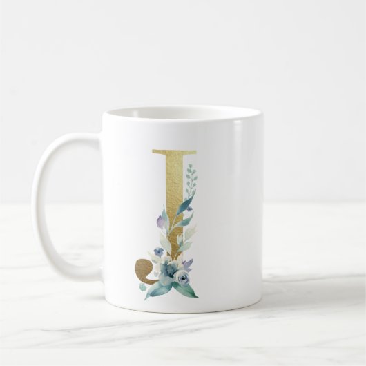 J Golden Initial mit blauem Blumenblättern Kaffeetasse (Links)