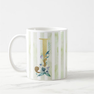 J, goldener Anfangsbuchstabe auf blau-weißen Strei Kaffeetasse