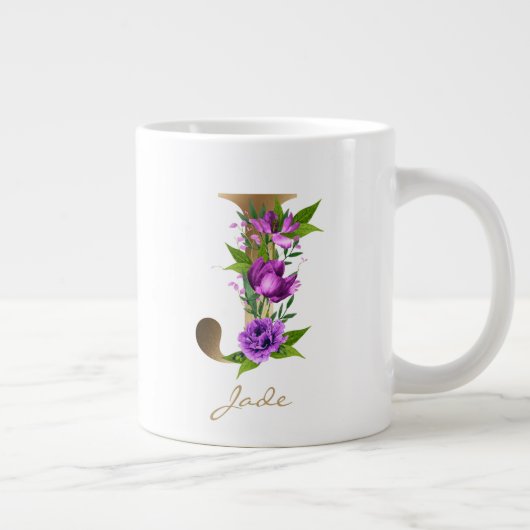 J Letter Gold Monogram | Lila grüne Blümchen Jumbo-Tasse (Rechts)