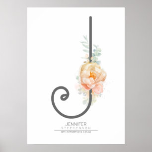 J Letter Monogram Blush Peach Floral Wohngestaltun Poster