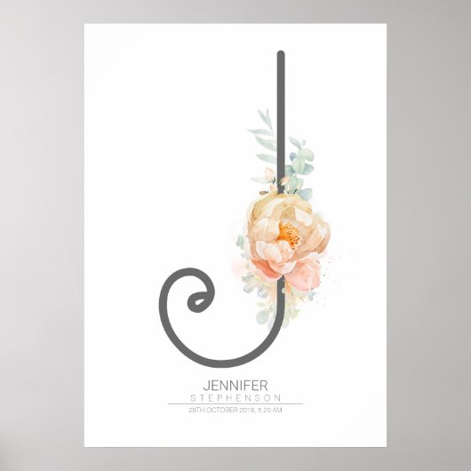 J Letter Monogram Blush Peach Floral Wohngestaltun Poster (Vorne)