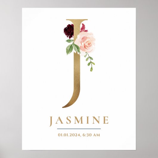 J Letter Monogram Name Marsala Floral Kinderzimmer Poster (Vorne)