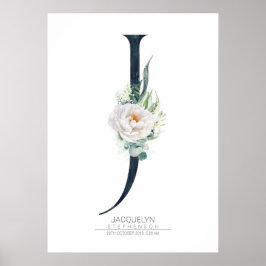 J Letter Monogram White Blume and Greenery Poster