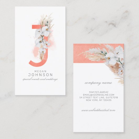 J Letter Monogram White Orchias and Pampas Grass Visitenkarte (Vorne/Hinten)