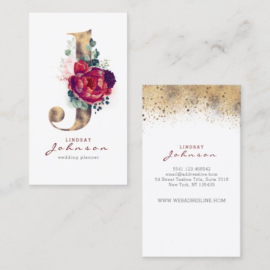J Monogram Burgundy Red Blume and Imitats Gold Visitenkarte (Vorne/Hinten)