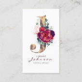 J Monogram Burgundy Red Blume and Imitats Gold Visitenkarte (Vorderseite)