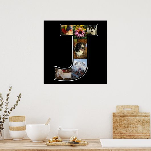 J Monogram Create your own 6 Foto Collage Black Poster (Küche)