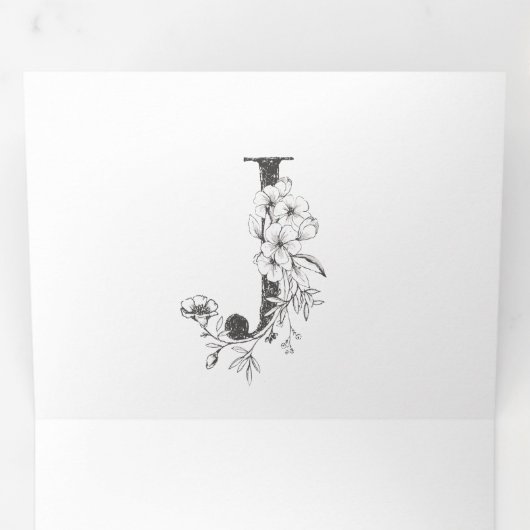 'J' Monogram Schöne gezeichnete Blumenhochzeit Dreifach Gefaltete Einladung (Innen Erste Seite)