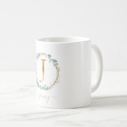 J monogramm, kundenspezifischer Blattkranz Kaffeetasse (VorderseiteRechts)