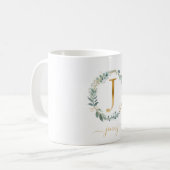 J monogramm, kundenspezifischer Blattkranz Kaffeetasse (Vorderseite Links)