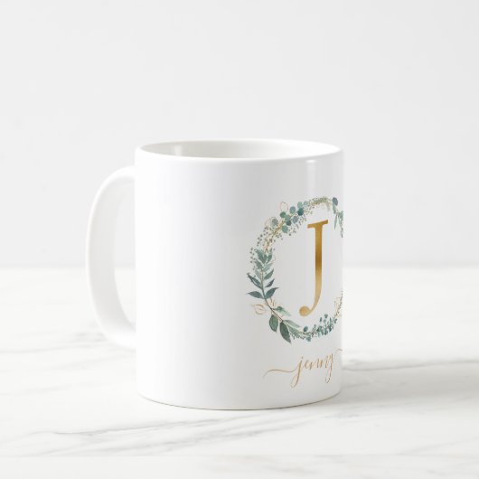 J monogramm, kundenspezifischer Blattkranz Kaffeetasse (Vorderseite Links)