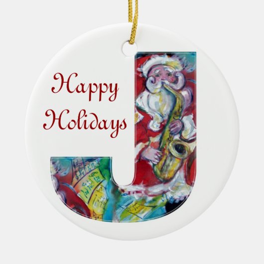 J SCHREIBEN /SANTA UND SAX, CHRISTMAS PARTY MONOGR KERAMIKORNAMENT (Vorne)