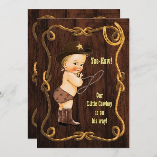 Ja-Haw! Blonde Cowboy Rustic Baby Dusche Einladung (Vorne/Hinten)