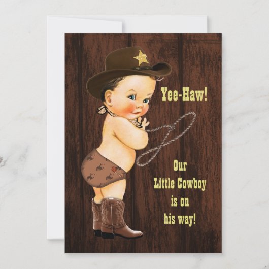 Ja-Haw! Brünett Cowboy Rustic Baby Dusche Einladung (Vorderseite)