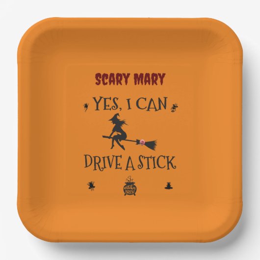 Ja, ich kann einen Stick fahren, sagt die Hexe Pappteller (Vorderseite)