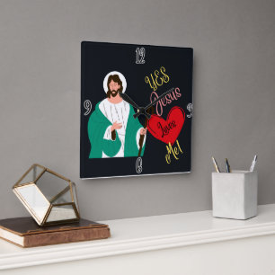 "Ja, Jesus liebt mich!" Schwarze quadratische Wand Wanduhr