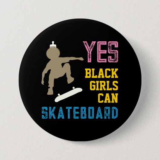 JA MÄDCHEN KÖNNEN SKATEBOARD Retro Black Skater Gi Button (Vorderseite)