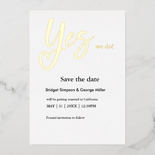 Ja Wir tun weiße Goldhochzeit speichern das Datum Folieneinladung (Vorderseite)