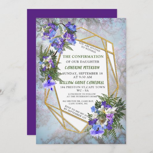 Jacaranda Blooms & Lily Bouquet Bestätigung Einladung (Vorne/Hinten)