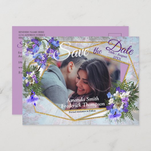 Jacaranda Blooms & Lily Bouquet rette die Daten Ankündigungspostkarte (Vorne/Hinten)