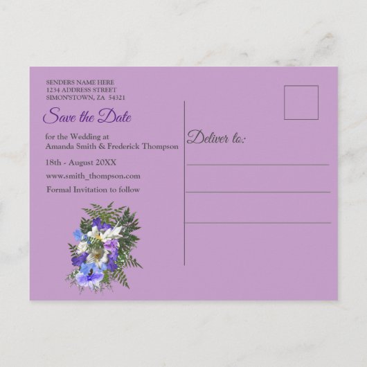 Jacaranda Blooms & Lily Bouquet rette die Daten Ankündigungspostkarte (Rückseite)