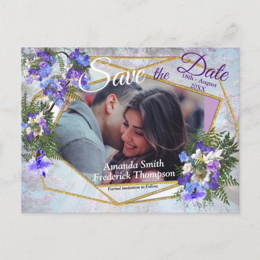 Jacaranda Blooms & Lily Bouquet rette die Daten Ankündigungspostkarte (Vorderseite)